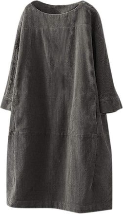 Generic Sundresses for Women 2025 Women Pockets Corduroy Solid Color Long Sleeve Loose Casual Dress midi Dresses for Women (a-Dark Gray, XXXXXL)