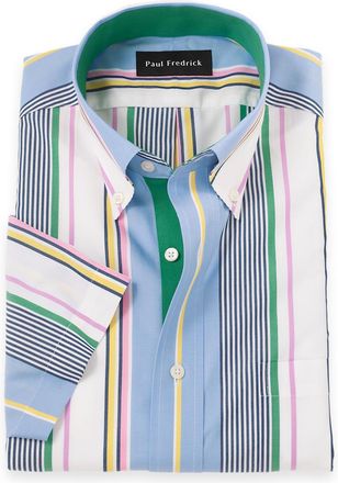 Paul Fredrick Slim Fit Non-iron Cotton Stripe Short Sleeve Dress Shirt With Contrast Trim