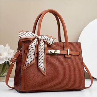 Generic Womens Light Luxury Textured Handbag with Decorative Scarf, Structured Tote Bag with Metal Hardware (Earthy yellow)