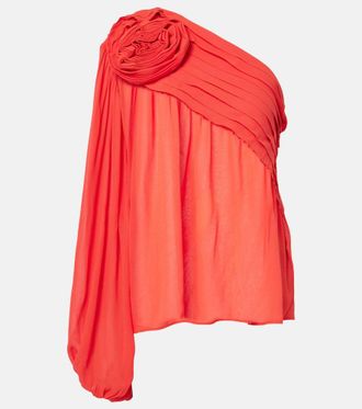 Farm Rio Floral-appliqué one-shoulder top