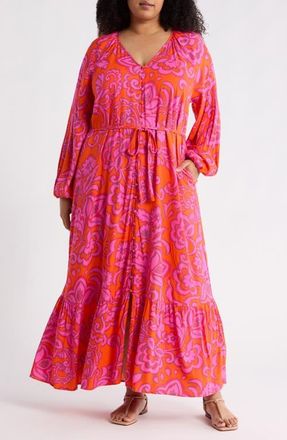 Sugarlips Marinda Floral Print Long Sleeve Maxi Dress in Orange-Fuchsia at Nordstrom, Size 1X