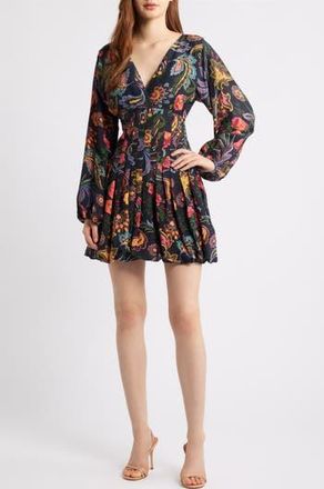 Ciebon Janiero Floral Long Sleeve Bubble Hem Minidress in Black Multi at Nordstrom Rack, Size Medium