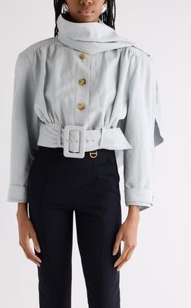 Chlo&eacute; Crop Belted Linen & Cotton Jacket in Storm Grey at Nordstrom, Size 8 Us