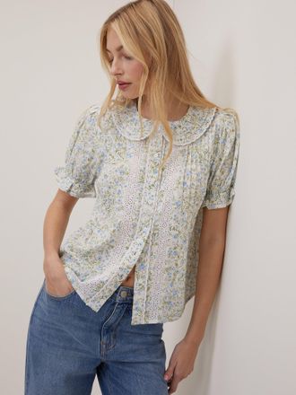 Nobody's Child White Floral Peter Pan Blouse