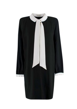 Saint Laurent Black Peter Pan Collar Mini Dress with Neck Tie Detail Size S