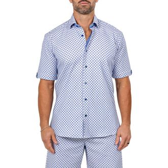 Maceoo Galileo Marthy Short Sleeve Button-Up Shirt in White/blue at Nordstrom, Size 4