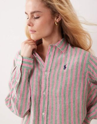 Polo Ralph Lauren Camicia squadrata in lino rosso/verde a righe con logo-Multicolore