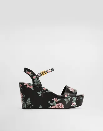 Dolce & Gabbana Calfskin Wedge Sandals With Rose Print - Woman Sandals And Wedges Multicolor 36.5