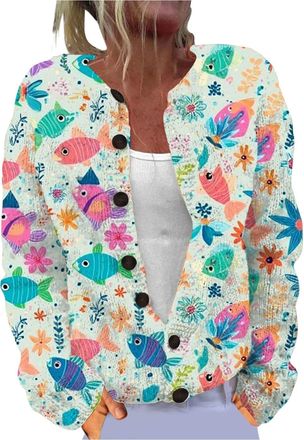 Generic Ladies Fair Isle Cardigans for Women UK Retro Floral Printed Womens Single Plush Art Print Comfortable Knitted Cardigan Long Sleeve Norwegian Wood Wom