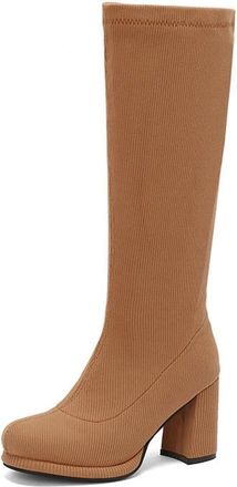 Generic Womens Knitted Block Heel Round Toe Knee High Boots Slip On Comfort Versatile Winter Shoes (5.5,Yellow)