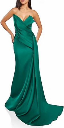 Terani Couture Satin Strapless Drape Side Mermaid Gown In Emerald Green