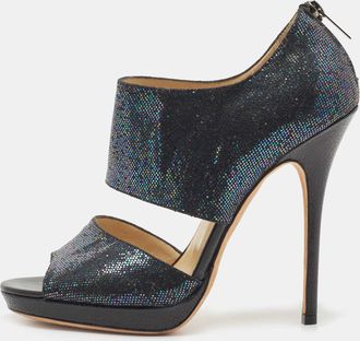Jimmy Choo London Black Glitter Suede Open Toe Pumps