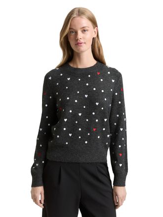 Tom Tailor Denim Strickpullover TOM TAILOR DENIM, Damen, Gr. M, grau wei&szlig; dots and hearts, Strick, Obermaterial: 79% Polyacryl, 18% Polyester, 3% Elasthan, bestickt, r