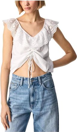 Pepe Jeans London Sleeveless Tops, female, White, Size: L Ruffled Top with English Embroidery