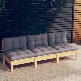 vidaXL Sof&aacute; De Jard&iacute;n De 3 Plazas Con Cojines Madera Maciza Pino Gris Vidaxl