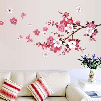 OEM Pegatinas De Pared De Flores De Cerezo Con Mariposas Rosas Y Rojas (120x50 Cm) Pegatina De Pared De Ramas Florales De Vid Sakura Para Sala De Estar, D