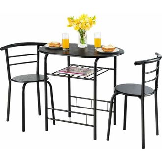 Costway Costway - Juego De Mesa Y 2 Sillas De Comedor De Madera Y Metal Con Estante De Vino Para Cocina (negro Completo)