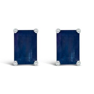 House of Brilliance 14K Gold 6x4MM Emerald Shaped Gemstone Solitaire Stud Earrings in Blue Sapphire | White at Nordstrom