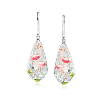 Ross-Simons Mother-Of-Pearl and Multicolored Enamel Flamingo Mosaic Drop Earrings in Sterling Silver and 18kt Rose Gold Over Sterling