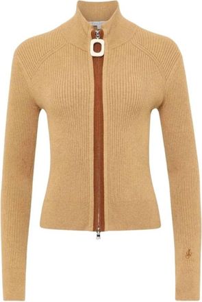 J.W.Anderson Truien & Vesten, Dames, Beige, M, Katoen, Geribbelde Cardigan met Rits