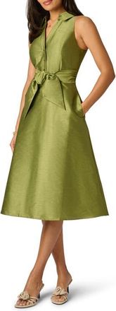 Adrianna Papell Sleeveless Tie Front Dupioni Midi Dress in Olive at Nordstrom, Size 12