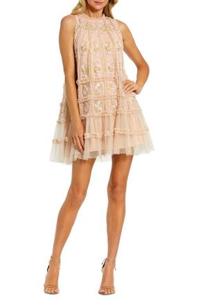 Mac Duggal Sleeveless High Neck Beaded Ruffle Trapeze Dress in Nude Multi at Nordstrom, Size 10