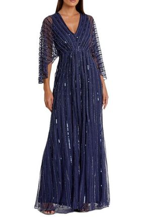 Mac Duggal Sequin Beaded Stripe Cape Sleeve V-Neck Gown in Navy at Nordstrom, Size 22