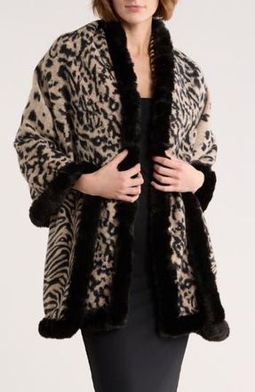 La Fiorentina Faux Fur Trim Animal Print Wrap Scarf in Black at Nordstrom Rack