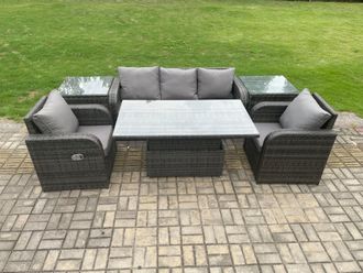 Fimous Outdoor Rattan Furniture Garden Dining Sets Adjustable Rising lifting Table Sofa Set With Side Tables in Dark Grey