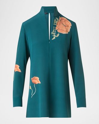 Akris Anemone Print Silk Crepe Tunic