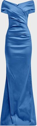 Teri Jon Pleated Off-Shoulder Satin Column Gown