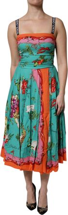 Dolce & Gabbana Womens Multicolor Printed Silk Sleeveless Midi Dress Elastane