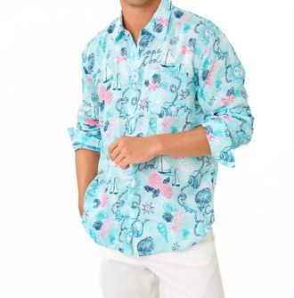 Lilly Pulitzer Addison Button Down Linen Shirt In Day Dream Blue Cape Cod Destination