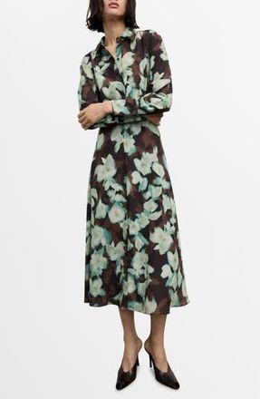 Mango Print Belted Long Sleeve Maxi Shirtdress in Teal And Brown Blooms at Nordstrom Rack, Size 8