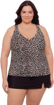Aqua Green Plus Size V-Neck Full Coverage Ladder Trim Racerback Tankini Swimsuit Top in Desert Leopard at Nordstrom, Size 1X