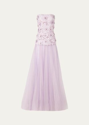Costarellos Gisella Petal Embellished Strapless Drop-Waist Tulle Gown
