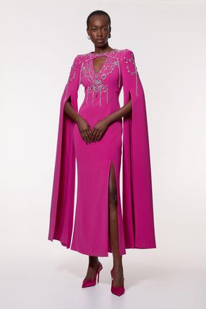 Karen Millen Womens Petite Crystal Embellished Cady Woven Cape Maxi Dress - Pink - Size 8 UK