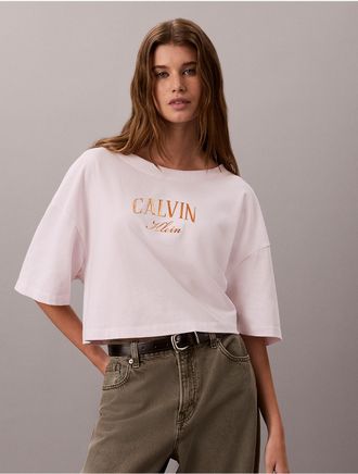 Calvin Klein Jeans Calvin Klein Womens Boxy Varsity Logo Cropped Tee - Pink - XL