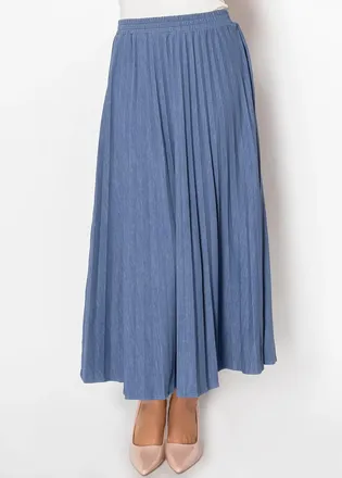YAL New York Denim Blue Pleated Skirt with Elastic Waist