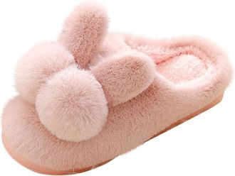 Generic Womens Cute Bunny Faux Fur Slippers Comfy Indoor Outdoor House Shoes with Fluffy Pom-Pom Design, Warm Cozy Bed Home Footwear,Pink,8.5 UK