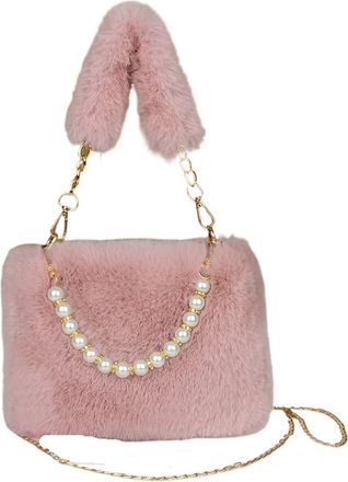 Generic Womens Plush Bags Fluffy Pearl Handbag Fashionable Womens Crossbody Bag Chain Design Autumn Winter Small Versatile(Color 01)