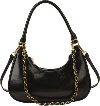 Generic Cymwer PU Leather Crescent Shoulder Handbag Casual with Metal Chain for Women (Black)
