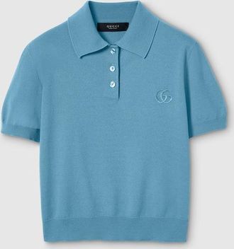 Gucci Knit Wool Polo Shirt With Embroidery, Blue, Ready-to-wear