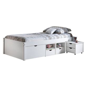 Dmora Dmora Lit Avec Rangements Et Chevet &Agrave; Roulettes Inclus En Pin Massif Verni &Agrave; LEau Blanc, 209 X 96 X 47,5 Cm