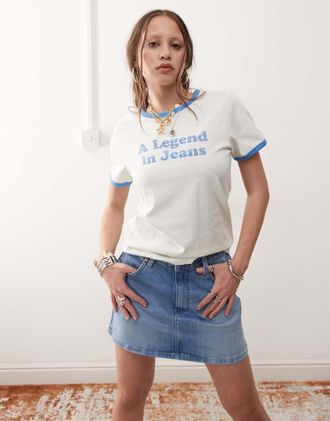 Wrangler denim mini skirt in mid blue