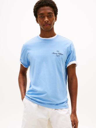 Tommy Hilfiger T-Shirt TOMMY HILFIGER OUTLINE FLAG SCRIPT TEE, Herren, Gr. XXL, blau (cloudy blau), Single Jersey, Obermaterial: 100% Baumwolle, regular fit, Rundhal