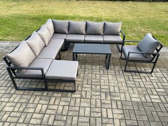 Fimous Aluminium Patio Outdoor Garden Furniture Lounge Corner Sofa Set with Oblong Coffee Table Big Footstool Chair Dark Grey