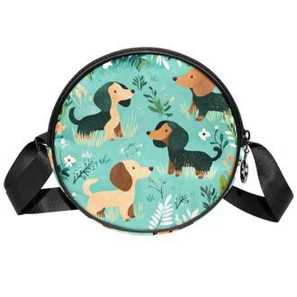 Generic Circle Crossbody Bag for Women, Sausage Dog Grassland Small Sling Bag Daypack with Zipper Adjustable Shoulder Straps Casual Ladies Girls Round Purse