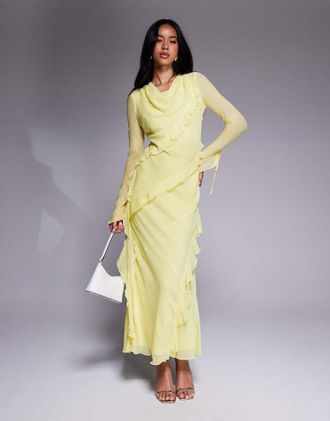 Daska Vestito lungo in chiffon con volant color limone-Giallo
