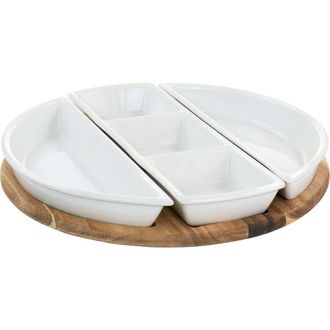 Gibson Home Gracious Dining 4 Piece Fine Ceramic Sectional Tray Set with Acacia Wood Base in White at Nordstrom